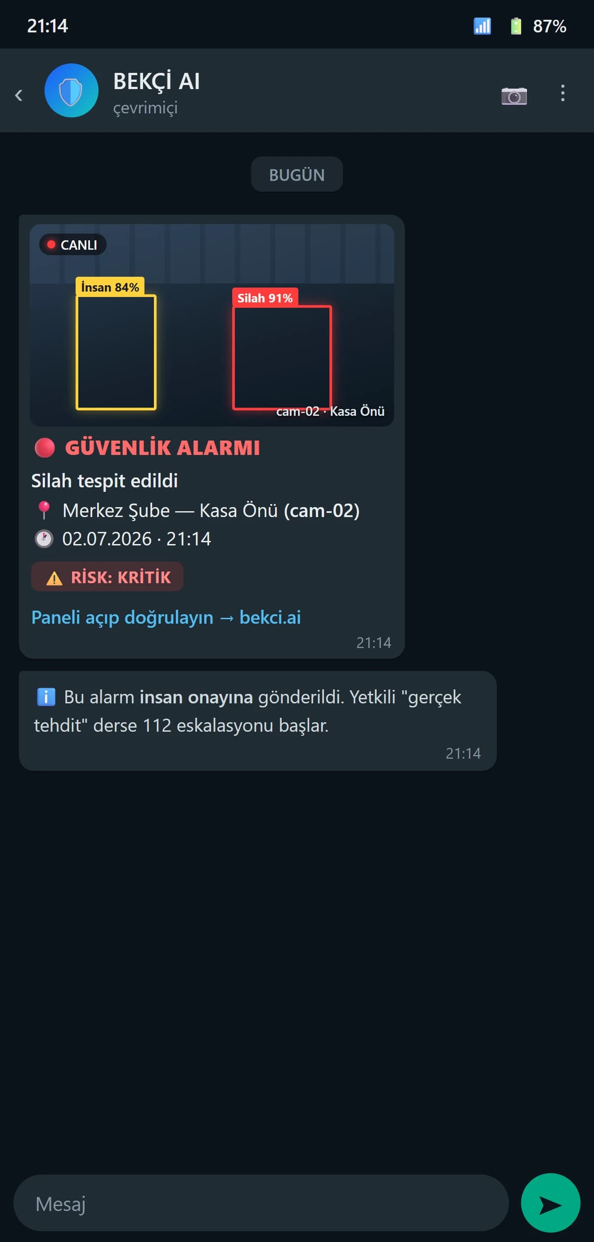 BEKÇİ AI silah alarmı — telefona düşen insan-onaylı bildirim (WhatsApp/Telegram)